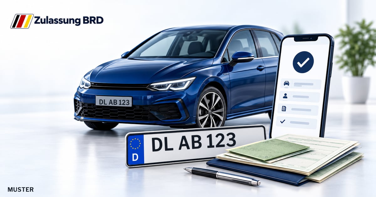 Online Fahrzeugzulassung in Landkreis Mittelsachsen: Musterkennzeichen DL AB 123, Auto und Fahrzeugpapiere und Smartphone. Illustration mit Logo von Zulassung BRD.